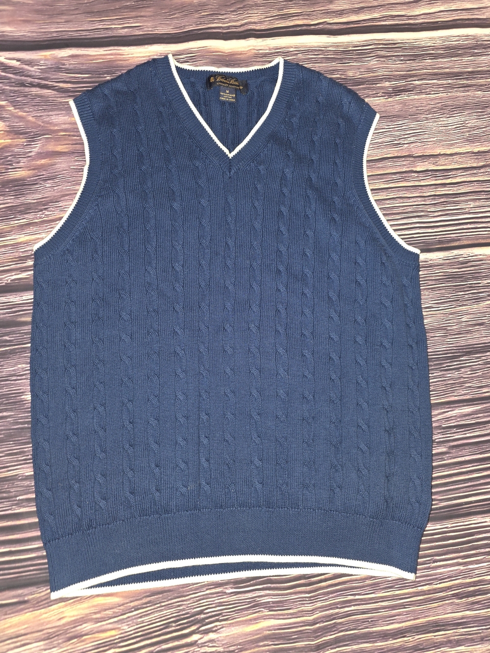 Brooks Brothers Navy Cable-Knit V-Neck Sweater Vest with White Trim